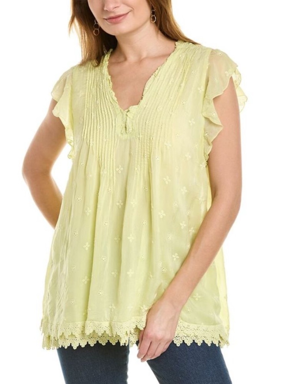 Johnny Was Anthena Tunic Top Pleated Yellow Eyelet Size Medium
